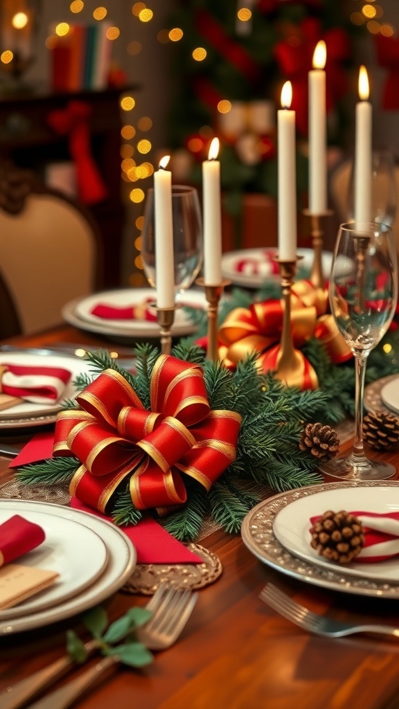 Christmas table setting with elegant bows, pinecones, and festive decorations.